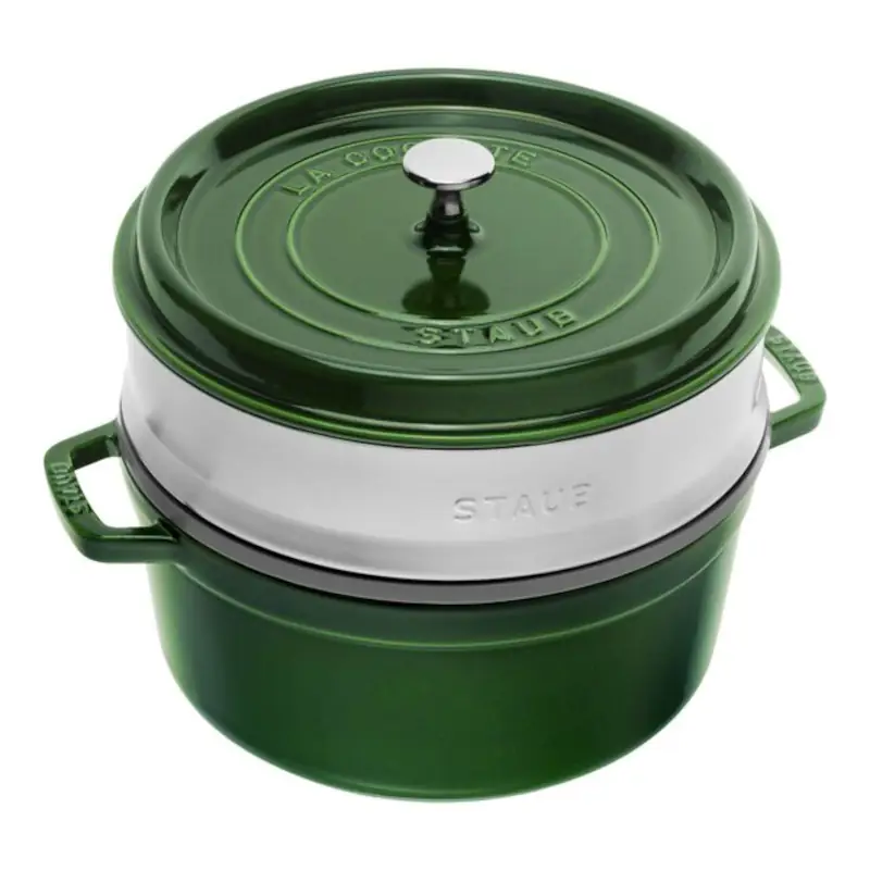 Cocotte Staub con vaporera verde albahaca de 26 cm